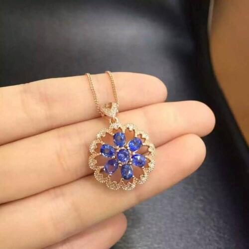 Natural blue sapphire pendant S925 silver Natural gemstone Pendant Necklace trendy Luxury Sunflower flowers women party jewelry