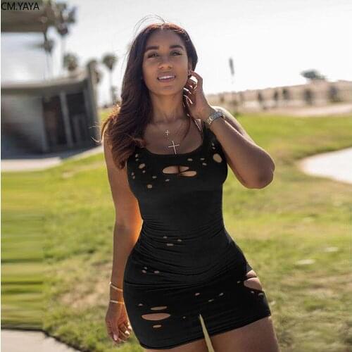 CM.YAYA Women Solid Hole Sleeveless Bodycon Playsuit Sexy Moto Biker Sport Bodysuit One Piece Romper Jumpsuit