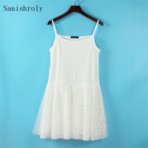 Sanishroly Summer Women Hollow Out Pleated Lace Dresses Modal Patchwork Mesh Spaghetti Strap Dress Lady Sleeveless Tank Vestidos