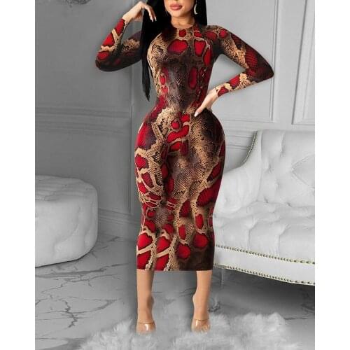 Spring Autumn Womens Bodycon Dress 2021 New Snakeskin Long Sleeve Skinny Midi Dress Office Ladies Elegant Fashion Wear