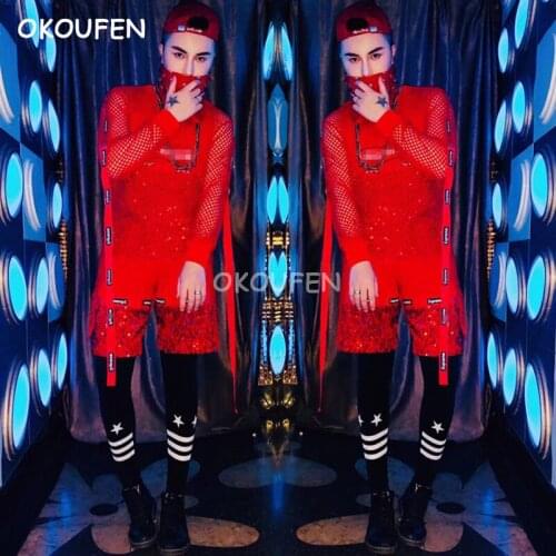 Stars style Letters print mesh shirt costumes Red sequins Vest Shorts Set Nightclub bar singer dancer stage show performance set