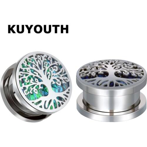 KUYOUTH New Stainless Steel Arc-shaped Life Tree Opal Ear Tunnels Expanders Body Piercing Jewelry Earring Gauges Stretchers 2PCS