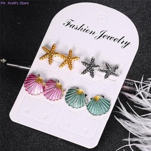 2021 Fashion 4 Pairs Pack Set Shell starfish Mixed Stud Earrings Women Crystal Ear Studs Simulated Pearl Jewelry