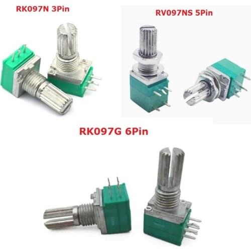 5PCS B100K B500K B5K B10K B20K B50K RK097G RK097N RV097NS Double potentiometer 3pin 5pin 6pin 3/5/6/P/Feet/pin 15mm Free Ship