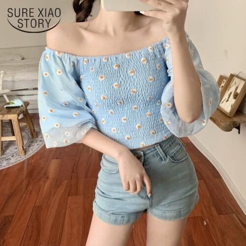 Women Summer Tops and Blouse White Black Tops Chemisier Femme Summer Daisy Sexy Off Shoulder Lantern Sleeve Chiffon Blouse 9933