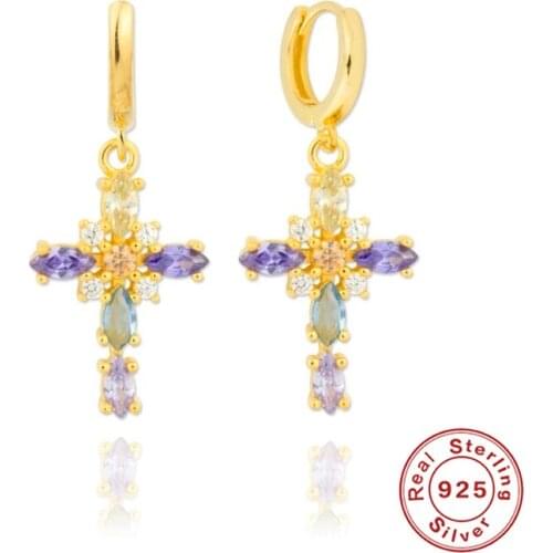 BOAKO 925 Sterling Silver Gold Dangling Cross Earrings For Women Colorful Cubic Zirconia Jeweled Cross Pendant Drop Earring Gift