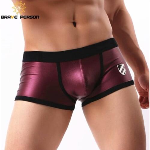 BRAVE PERSON Sexy Men Imitation Leather Boxers Shorts Underwear Men Underpants U Convex Pouch Boxer Shorts For Man