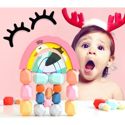 Kids Wooden Colored Stone Building Block Educational Toy Nordic Style Stacking Game Early Learning Montessori Children Toy Gift