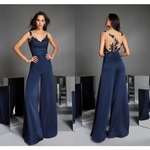 Navy Elegant Satin Mother Of The Bride Dress Jumpsuits Applique Lace Plus Size Pants Suit V Neck Groom Mother Evening Party Gown