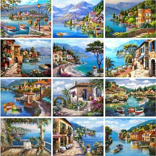 Evershine Diamond Painting Seaside Scenery Diamond Embroidery Town Full Square Mosaic Cross Stitch Kit Home Decoration