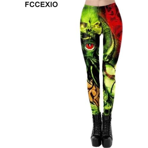 FCCEXIO Scary Skull Eyes 3D Print Tight Leggings Sports Women Fitness Sexy Skinny Leggins Women Halloween Party Pants S-XL