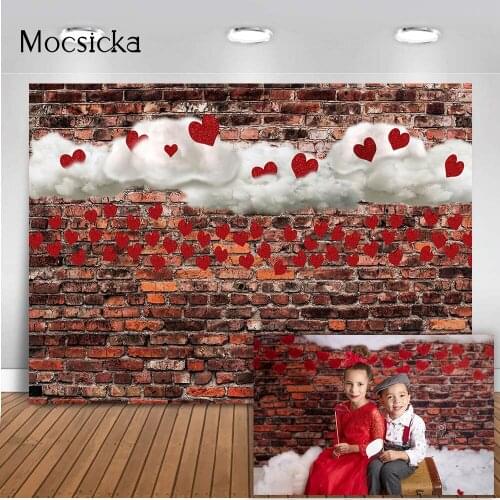 Dark Brick with Red Hearts Valentines Day Backdrop for Photography Clouds Newborn Child Portrait Background for Photo Shoot
