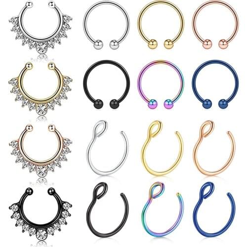 Fake Nose Rings Hoop 12-16pcs Stainless Steel Faux Fake Lip Ear Nose Septum Ring Non-Pierced Clip On Nose Hoop Rings