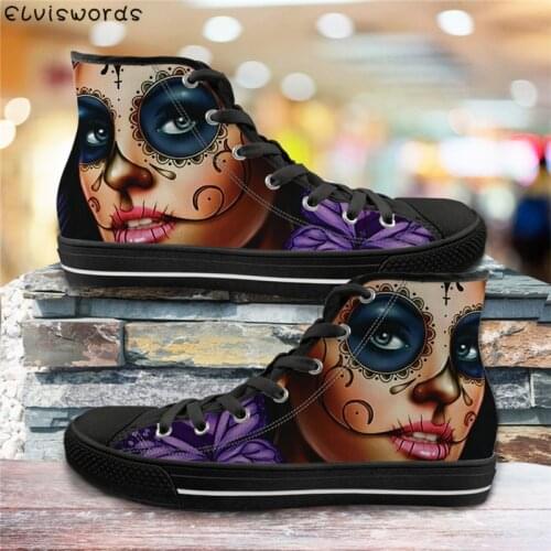 ELVISWORDS Gothic Skull Girl 3D Pattern Vulcanized Shoes Women Canvas High Top Flats Shoes Fashion Students Girls Casual Shoes