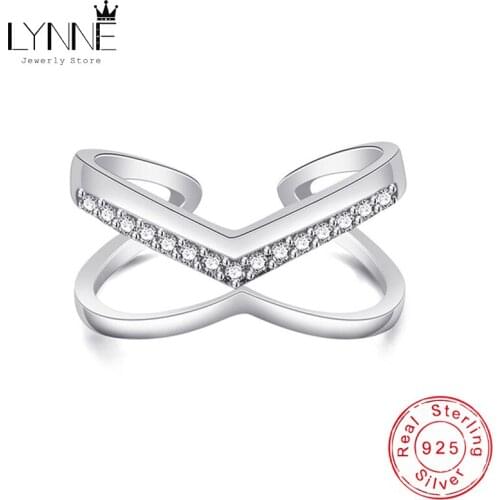 Fashion Creative 925 Sterling Silver Up Down V Shape CZ Ring Rhinestone Double Layers X Cross Resizable Rings Women Jewelry Gift