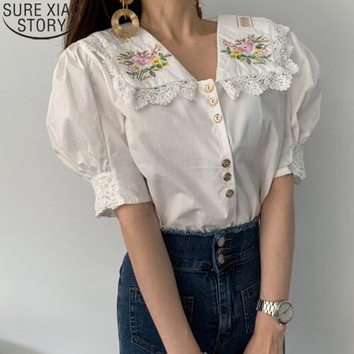 Korean Chic Clothes Vintgae Women Shirt Floral Embroidery Large Turn-down Collar Lace Tops Casual Short Puff Sleeve Blusas 13666