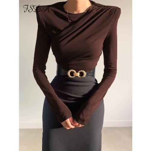 FSDA 2021 O Neck Brown Long Sleeve Crop Top Women Basic Autumn Winter Casual Sexy T Shirts Black Ruched Streetwear Fashion