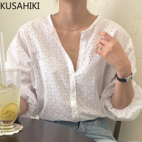 KUSAHIKI Korean Hook Hollow-out Women Shirts Causal Puff Sleeve O-neck Blouse Tops 2021 New Blusas Mujer De Moda 6G898
