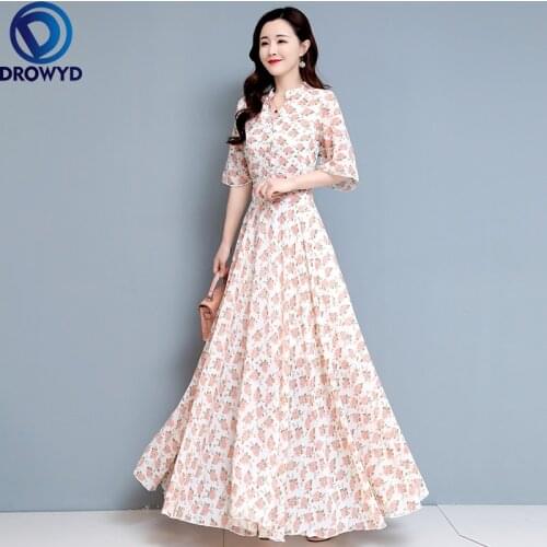 Summer Floral Printed Chiffon Dress Dor Women 2021 Boho Half Sleeve Party Dress Elegant Long Big Swing Vintage Dresses Vestidos
