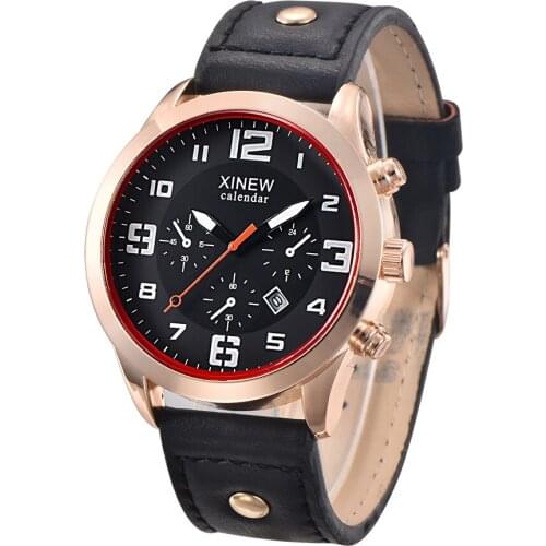 Fashion Designer Brand XINEW Leather Band Wristwatches Men Clock Male Casual Quartz Watch with Calendar Montre Homme de Marque