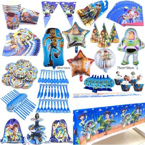 New Design Toy Story Party Supplies Decoration Balloons Theme Kids Birthday Party Supply Disposable Tableware Set Cup Plate Hats