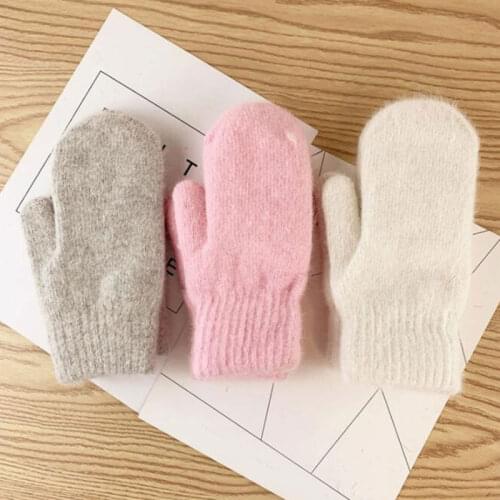 Solid Color Winter Gloves Thicken Knitted Full Finger Soft Warm Women Gloves Double Layer Outdoor Short Rabbit Fur Mittens