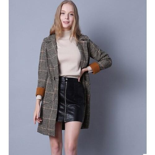 Autumn Winter Plaid Woolen Coat New Fashion Causal Women Turndown Collar Long Coat