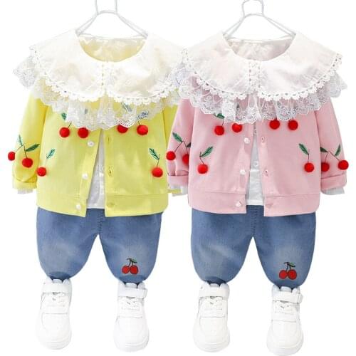 Baby girl autumn and winter knitted sweater suit baby girl cherry cardigan cotton top and jeans three-piece warmth for girls