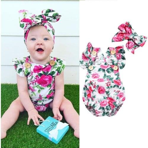 PIZZSEOON Baby Clothing Spring Summer Baby Girls Floral Romper Jumpsuit with Headband Outfit Baby Girl Summer Clothes for 1-3 Y