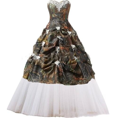 Strapless Camo Wedding Dress Sweetheart Ruched Floor Length Country Bridal Dresses Back Lace Up Plus Size Autumn Wedding Gowns