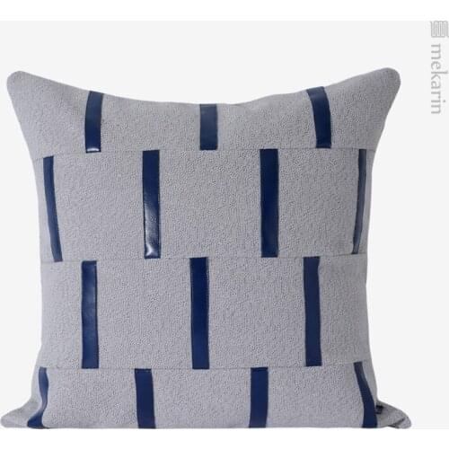 Nordic model room living room pillow blue gray stitching leather waist pillow pillow geometric living room sofa pillow cushion
