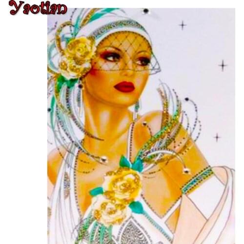 Full Square Diamond Painting 5D European Hat Woman Rose Diamond Embroidery Mosaic Cross Stitch Portrait Home Decoration Gift