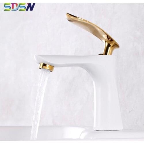 Luxury Basin Faucet SDSN White Gold Bathroom Mixer Faucets Deck Mounted Single Hole Bathroom Faucet Hot Cold Basin Mixer Tap