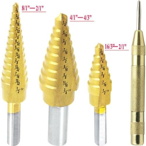 Imperial Spiral Flute Step HSS Steel Titanium Coated Drill Bits Tool Set Hole Cutter With Central Punch 3/16-1/2 1/8-1/2 1/4-3/4