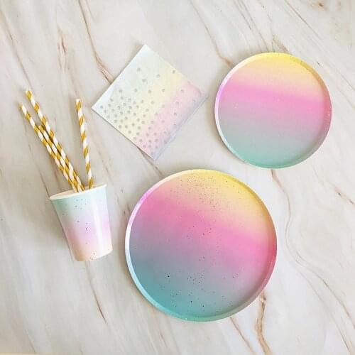 Rainbow Party Plate Dish Cup Straws Paper Disposable Cutlery Round Tableware