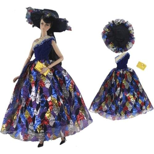 Dark Blue Fashion 1/6 Doll Clothes For Barbie Doll Dress Princess Gown Party Dress & Hat For Barbie Doll Outfits 1:6 Doll Toys