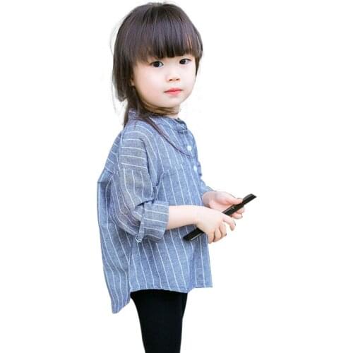 2016 spring and Autumn loose pure cotton striped long sleeve Stand collar baby girl shirt and Fashion casual button boy clothes