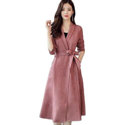 Windproof Overcoats Women Korean Long Trench Coats 2021 Spring Autumn New Slim Deerskin Fleece Windbreaker Casual Woolen Coats