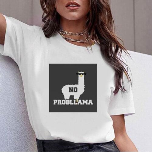 Ladies Summer Casual T-Shirt Alpaca Cartoon Printed T-Shirt Women Casual White Tops Casual T Shirt White T-Shirt