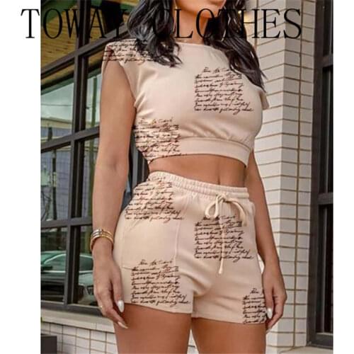 Women Summer Letter Print Short Sleeve Crop & Drawstring Shorts Sets
