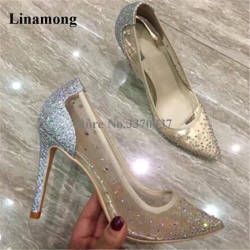 Ladies Charming Pointed Toe Bling Bling Rhinestone Mesh Pumps Nude Black Lace Crystal Sequined High Heels Wedding Shoes