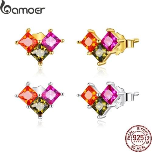 Bamoer Colorful Love Stud Earrings Different Colors Three-dimensional Zircons Earrings for Women Gift Fashion Jewelry SCE1170