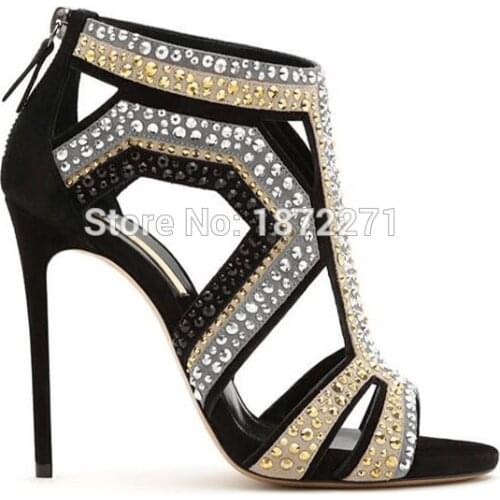 Hot fashion rivets women hollow out high heel gladiator sandals peep toe geometric sandal boots suede thin heels pumps