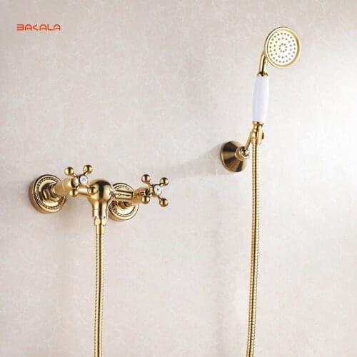 BAKALA Golden Fished Bath Faucets Wall Mounted Bathroom Basin Mixer Tap Crane With Hand Shower Head Bath & Shower Faucet GZ-6758