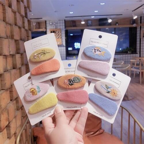 1 Pair New Korean Simple Beautiful Cartoon Flowers Embroidery BB Clip Fashion Sweet Girl Childrens Hairpins Hair Accessories