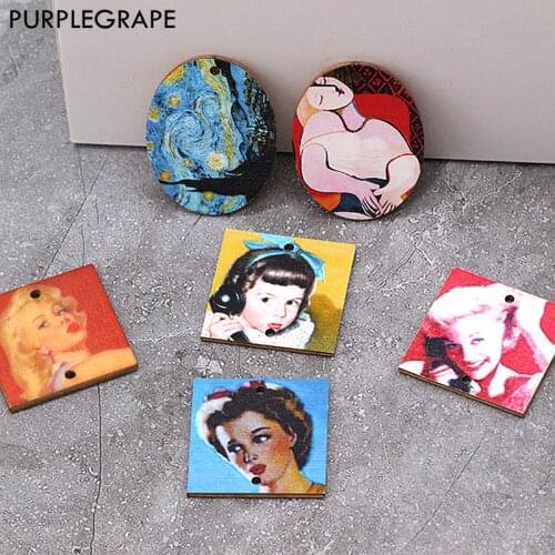 12pcs Oil Painting Wood Chip Diy Earrings Jewelry Accessories Material Handmade Square Oval Pendant Art Retro Impressionist