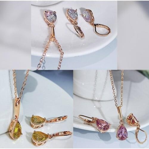 2021 New Womens Jewelry Set Color Water Drop Shiny Zircon Earrings Necklace Rose Gold Womens Jewelry Bridal Wedding Set