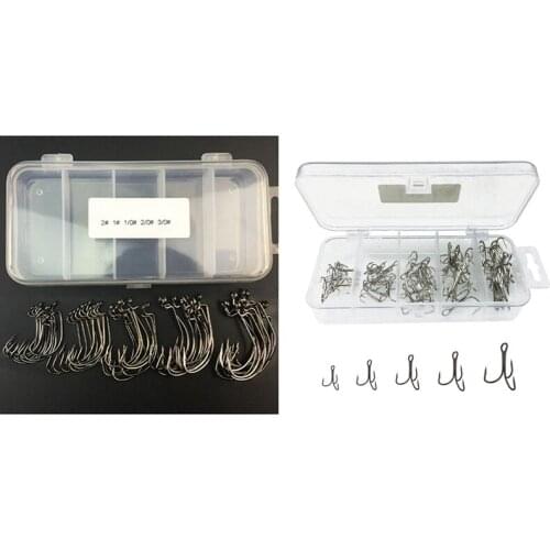 51Pcs Fishing Hooks High Carbon Steel Worm Senko Bait Jig Fish Hooks & 50X Treble Fishing Hook Set Size 2/4/6/8/10