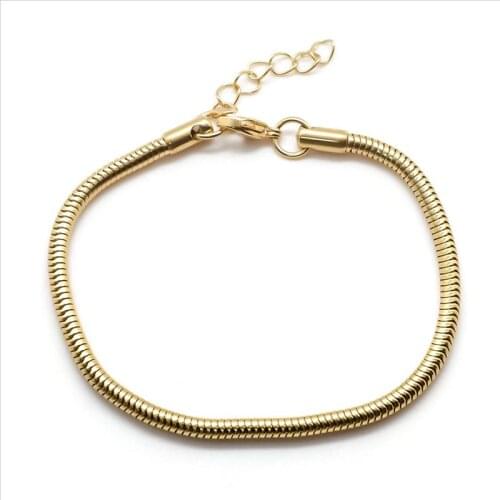 New 304 Stainless Steel Bracelets Round Snake Chain Bracelet Jewelry Gold With Lobster Claw Clasp 19cm Long For Women Men, 1PC