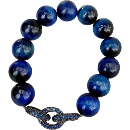 YYGEM 14mm Round Blue tiger eyes Stretch Bracelet grânulos pulseira masculino braslet de pedra natural para